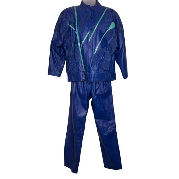 Vintage 80s Size Small Blue Leather Skirt Pants Skirt Suit Set Snakeskin Suede - Picture 2 of 16